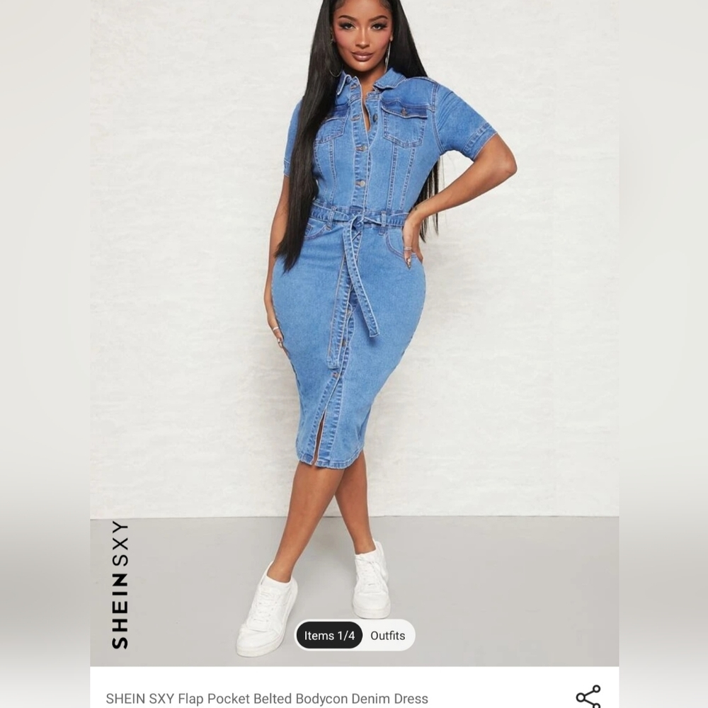 Shein flap pocket belted bodycon denim dress